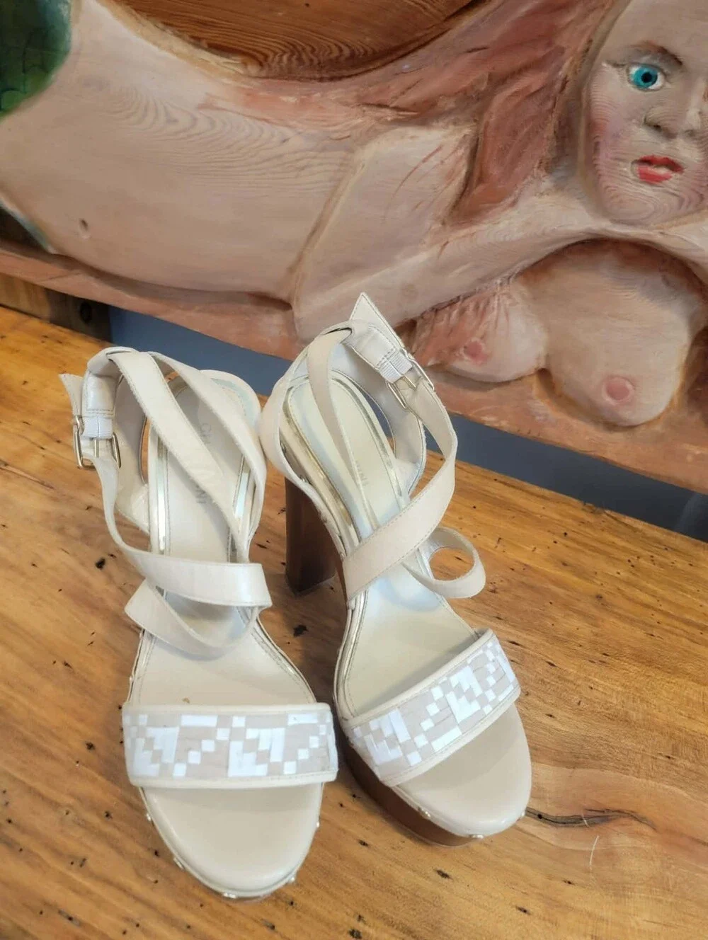 Giani Bini Sz 8.5 Leather Beige & White Checkered Pattern 2